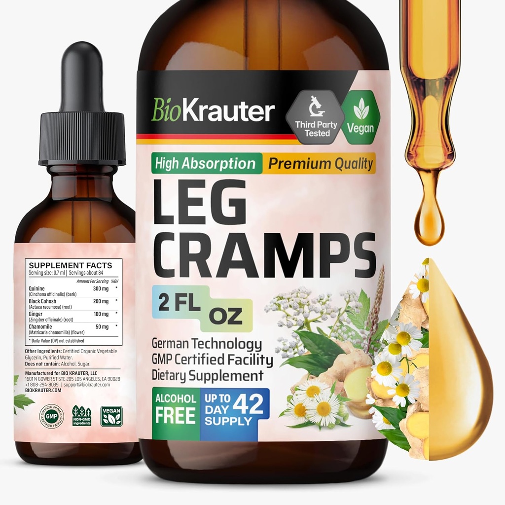 BIO KRAUTER Tinktúra nôh s Quinine - zázvor a harmančeky Tekuté extrakty pre nohy Cramps - prírodný alkohol a cukor bez formuly - Vegan kvapky 2 Fl.Oz.