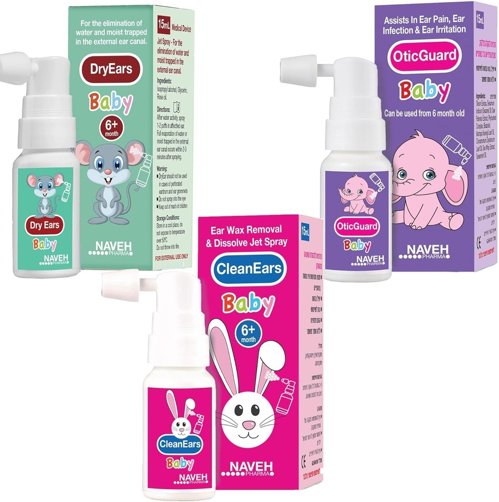 NAVEH PHARMA Všetky detské výrobky (Dry Ears Baby, Otic Guard Baby,Clean Ears Baby) 3 X 0,5 Fl Oz ENT LINE