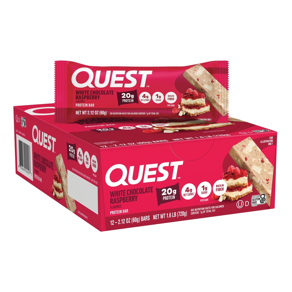 Quest Nutrition- vysoký obsah bielkovín, nízky obsah tuku, bez lepku, Keto Friendly, 12 gróf Biela čokoláda Malina
