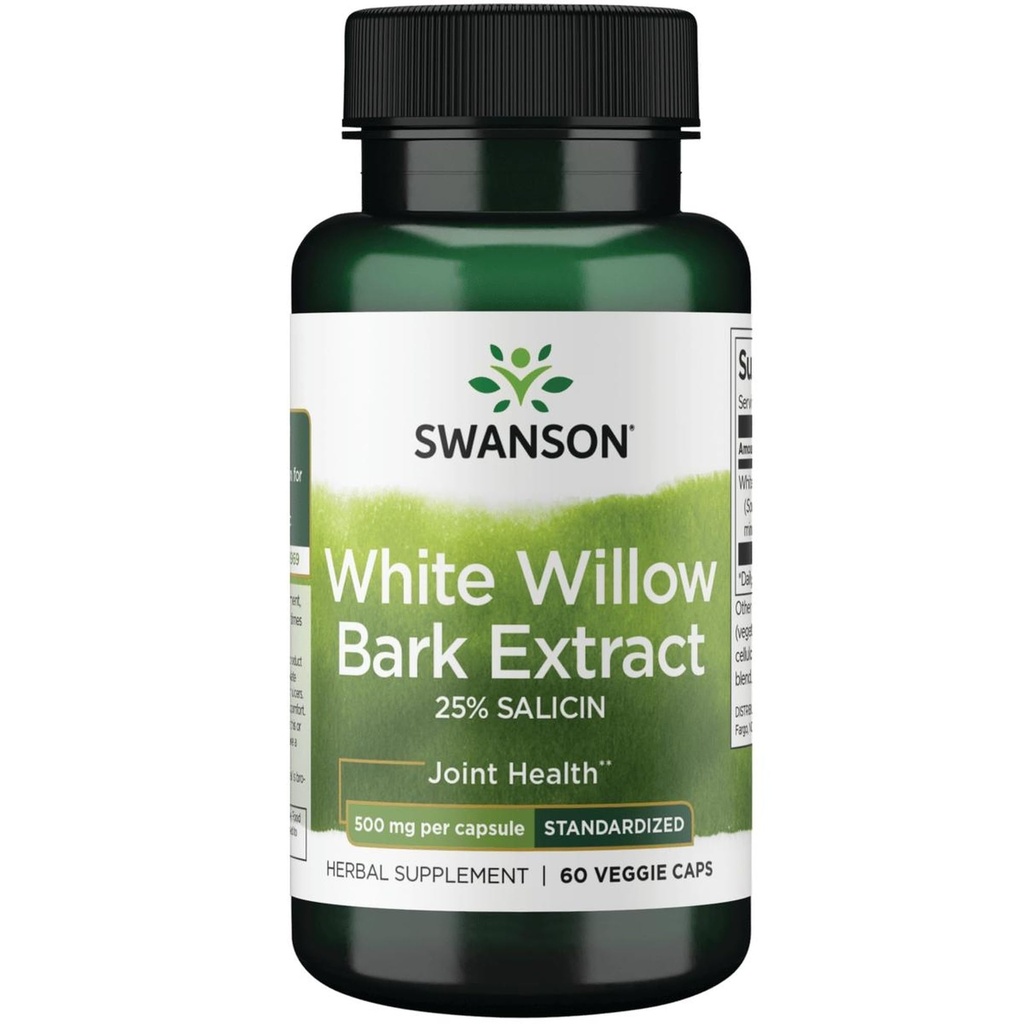 Swanson Maximálna sila White Willow Bark Extract-Promotes Joint Support & Muscle Relief-Štandardizovaný na 25% salicínu-Prírodný doplnok bez žalúdočnej dráždivosti (60 Veggie Caps, 500mg Každý)