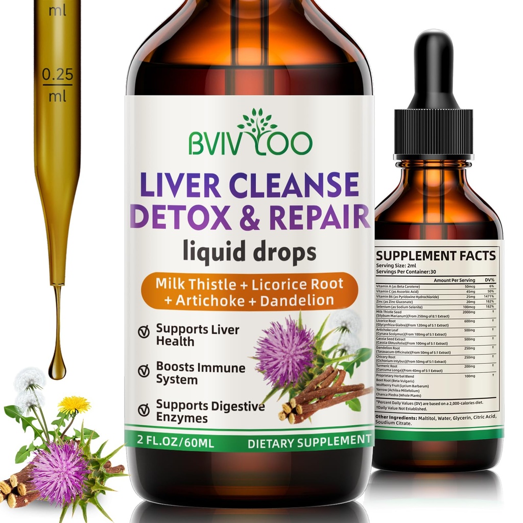 Pečeň Cleanse Detox & Repair Liquid Drops - 2000mg Milk Thitle, Dandelion Root, Artičok, Silymarin Extract, & Turmeric Herbs - Vegan, Non-GMO - 2 Fl Oz (60ml) Fľaša