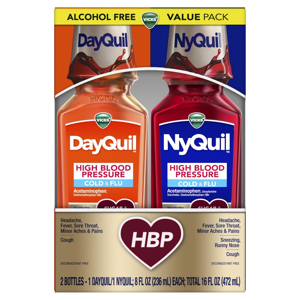 VICKS DayQuil & NyQuil vysoký krvný tlak studená a chrípka Relief Tekutá medicína Co-Pack, Výkonný Multi-Symptom Denný a nočný Relief pre chlad, Kašeľ, a príznaky chrípky, bez cukru a alkoholu, 2x8oz