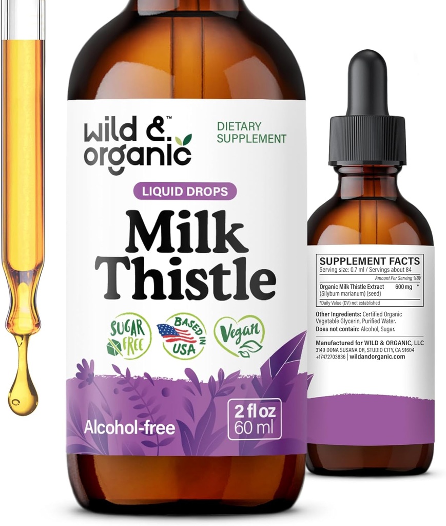 Wild & Organic Milk Thistle Extract Drops - Pečeň Cleanse Support - Milk Thitle Pečeň Detoxikácia - Silymarin Supplement - Silybum Marianum Seeds - Vegan, Cukor a alkohol-free - 2 fl oz