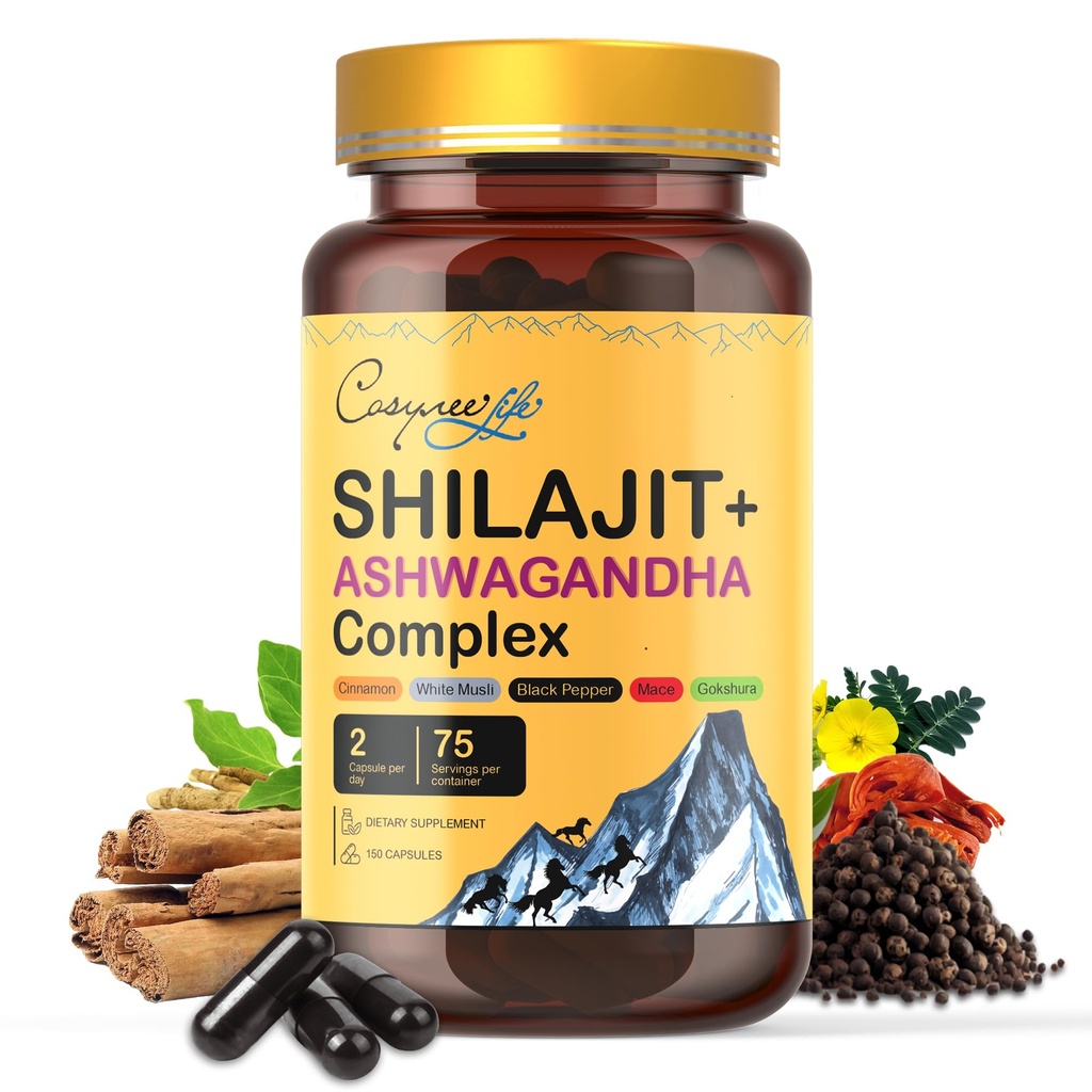 Himalayan Shilajit- Complex s Ashwagandha, Mace, Gokshura, škorica & Piperine  Stopové minerály, Shilajit pre mužov, Shilajit pre ženy, pravidelná dávka - 150 kapsúl