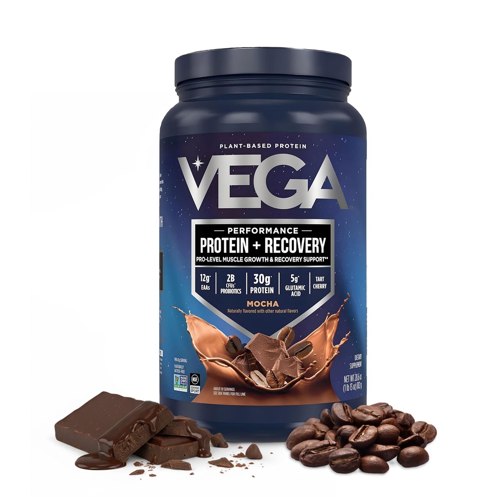 Vega Sport Vegan Protein Powder + Recovery - 30g Plant Based Protein per Serving, Mocha, 19 Servings, 5g BCAA, Probiotiká, NSF Certified, For Shakes & Smoothies, 1.8lbs (Backaging May Vary)