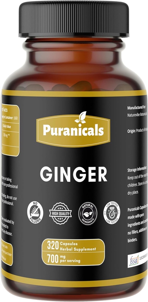 Ginger Premium 320 Capsules Non GMO and Gluten Free | Herbal Supplement | 700 mg Per Serving | Made with 100% Pure Ginger Root Powder