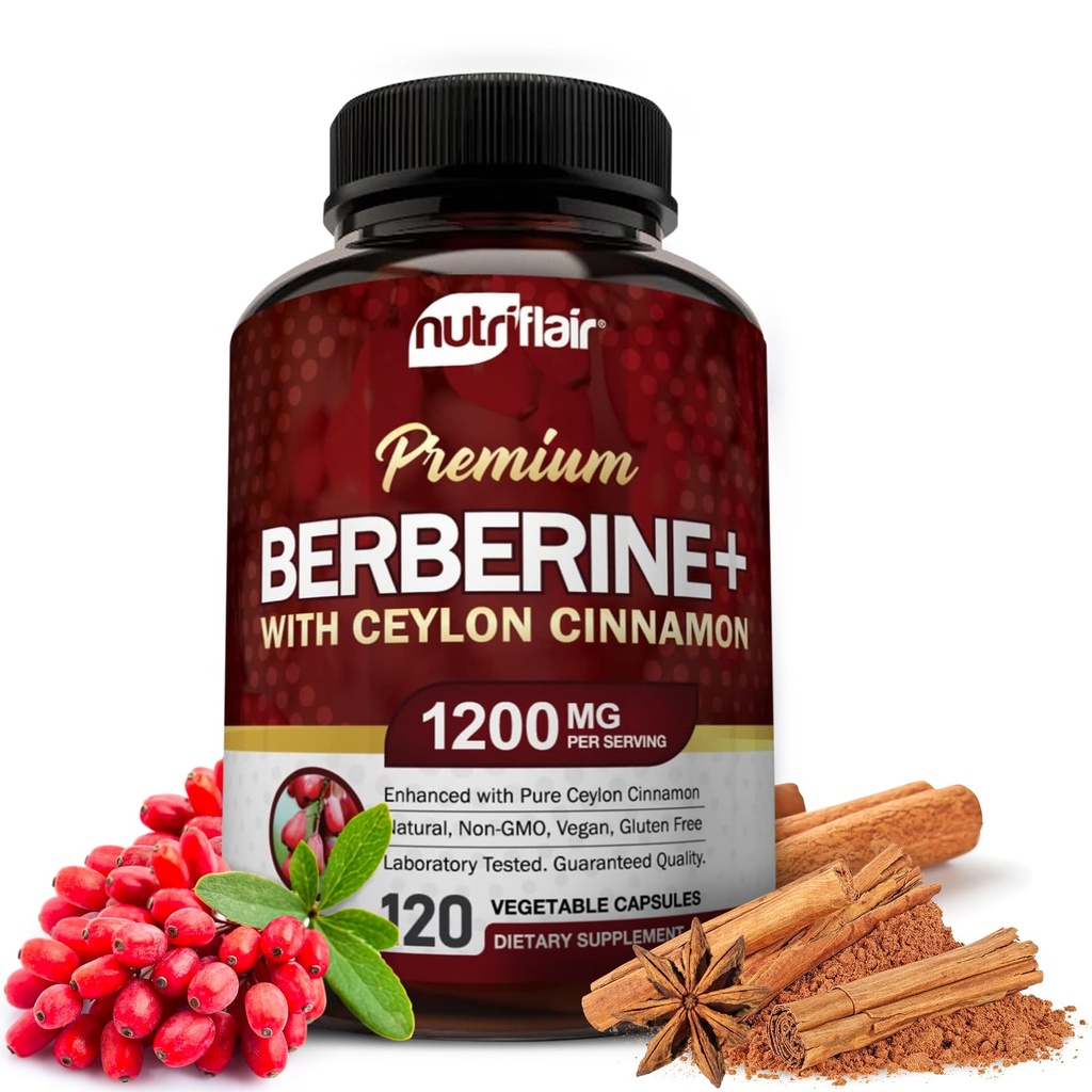 NutriFlair Premium Berberine HCL 1200mg, 120 Kapsule - Plus Pure True Ceylon škorica, Berberine HCI Root Doplnky - Imunitný systém - prináša Optimálne 8% HCl