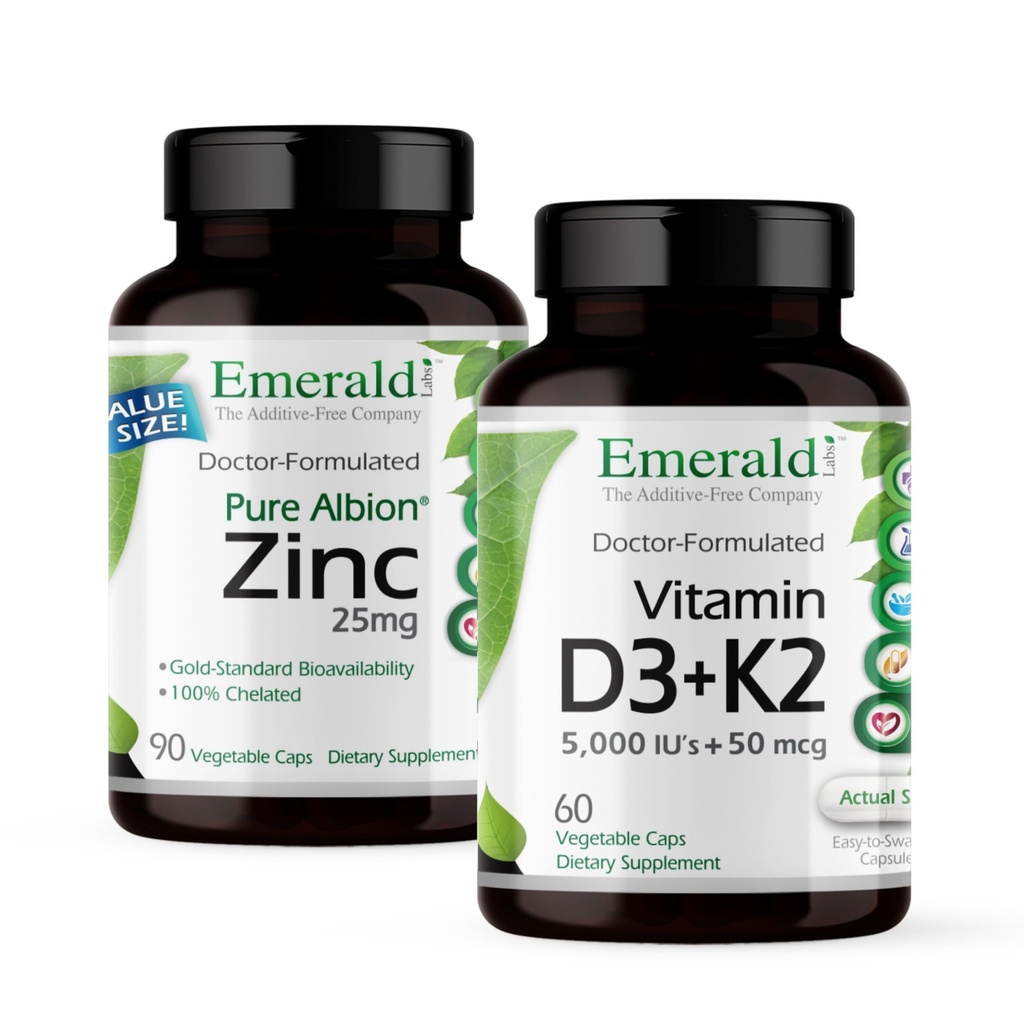 EMERALD LABS Vitamín D3+K2 (60 Caps) & Zinok 25mg (90 Caps) - Kosti Zdravie, Podpora srdca, Imunitná podpora, Tráviace zdravie, Oxidative Stres Support - Bezlepkové