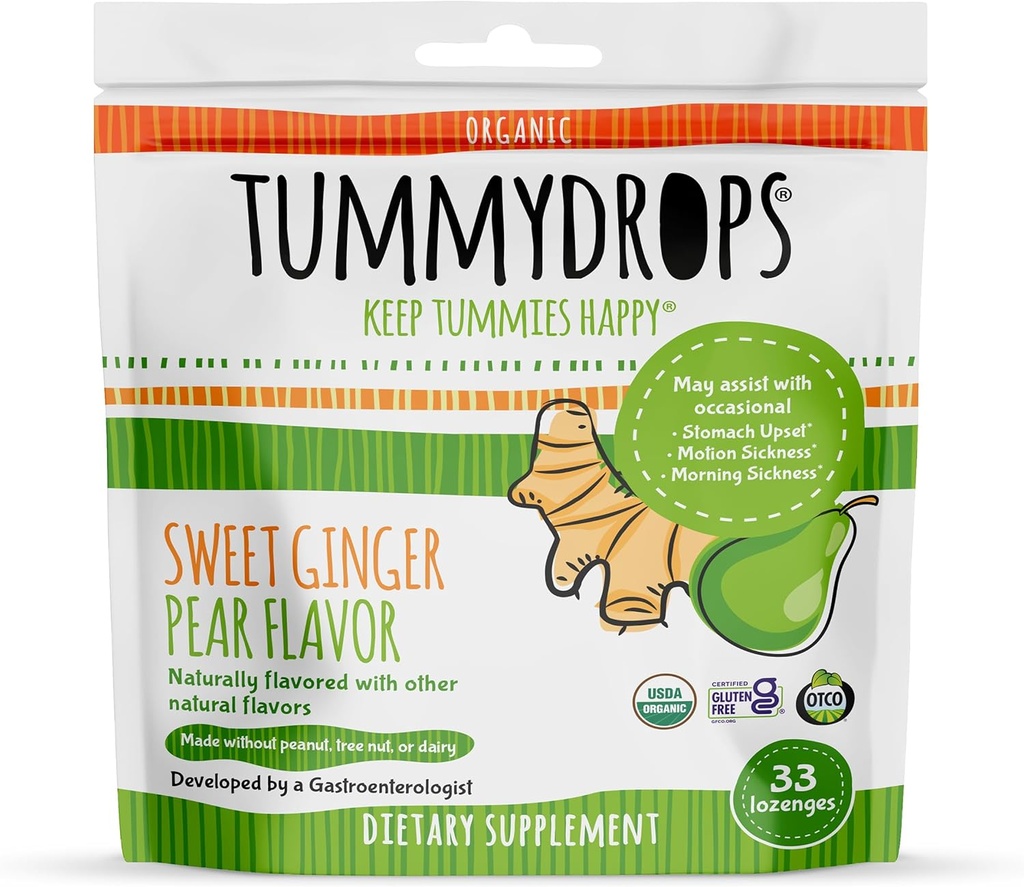 USDA Organic Sweet Ginger Pear Tummydrops, lepok zadarmo & Vegan. 33 Individuálne zabalené organické zázvor Lozenges v odolnej taške.