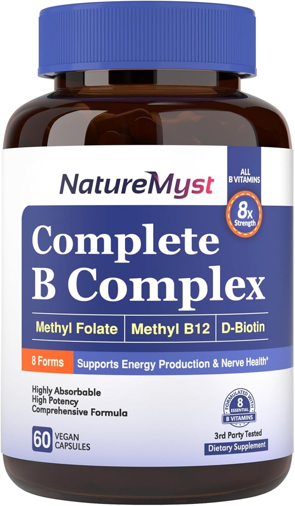Kompletný B komplex, Všetky 8 B vitamíny, Metyl B12, Metylfolát, Biotín, P-5-P, Vysoko absorpčná, Energetická výroba, 60 Vegan Caps