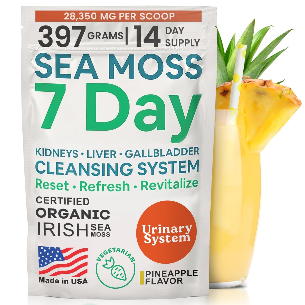 Atlantic Naturals More Moss 7 deň Detox Pečeň, Žlčník a obličky Čistenie - Podpora s púpavkovým koreňom, Mlieko Thitle, Burdock Root, Red Clover, Chanca Piedra - Ananás Flavor Drink Mix (14 oz)