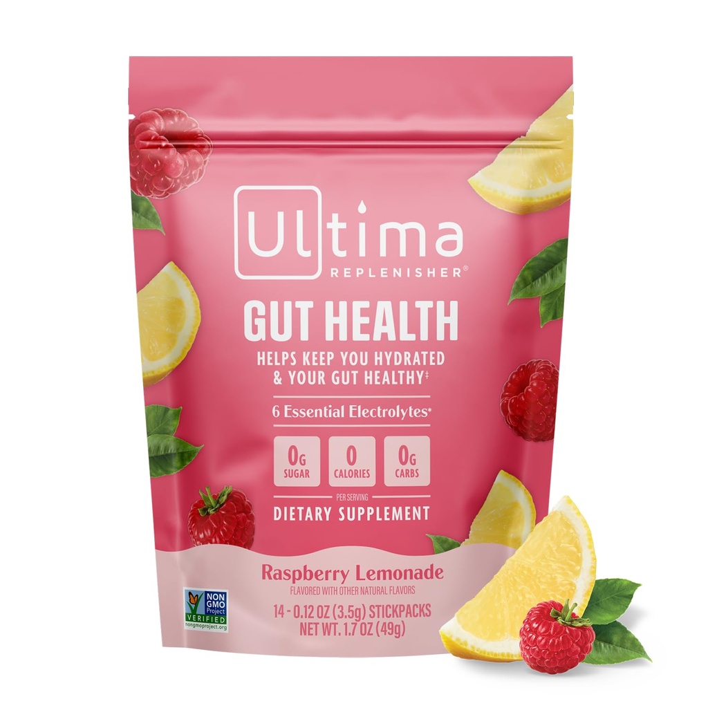 Ultima Replenisher Gut Zdravie Supplement and Electrolytes Powder - Malinová citróna, 14 Stickpacks - Hydratačné pakety s pridaným Gut zdravotné výhody