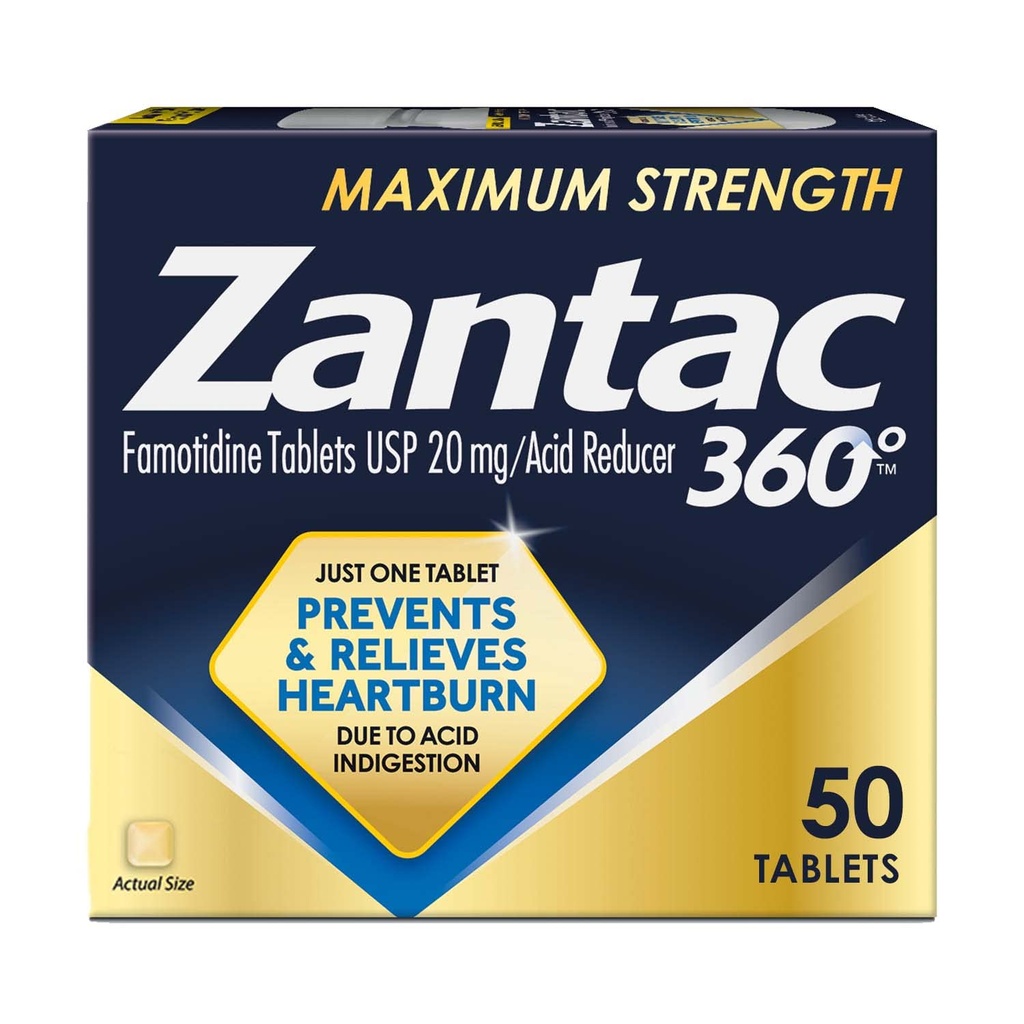 Zantac 360 Maximálna sila Tablety, 50 Gróf, Prevencia a úľava pred pálením záhy, 20 mg tablety