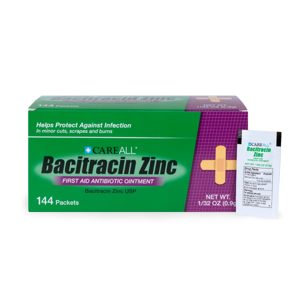 CareAll Bacitracin Antibiotic Zinok Masť (144 Balenie), 0,9gr Foil Packet. Masť prvej pomoci, ktorá predchádza infekciám malých rezov, škrabancov a popálenín