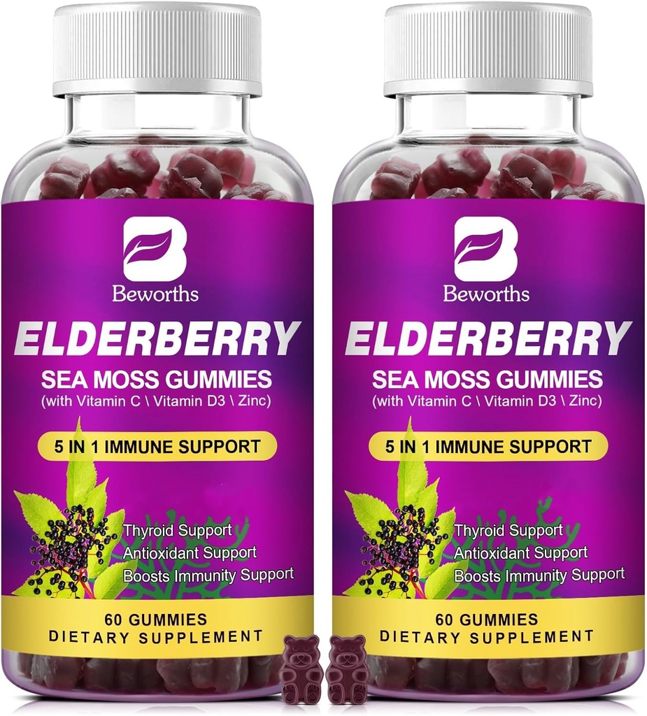 (2 balenia bazové Gummies & Irish Sea Moss, Organic Sambucus bazalky Gummy s Seamos, Zinok, vitamín C, D3, Multivitamínové bazové vitamíny - bez cukru