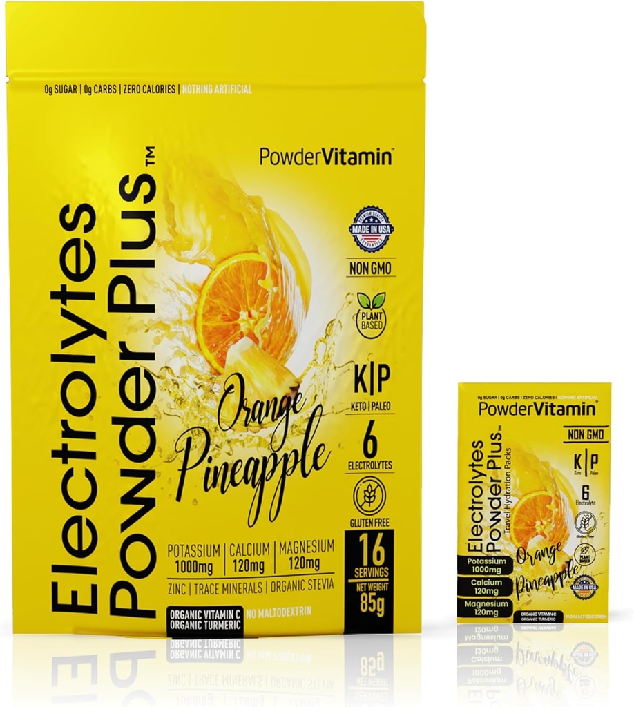 Prášokvitamín Electrolytes prášok Plus, Keto, pomarančový ananás, bez cukru, ružová himalájová soľ, 1000 mg draslíka, 120 mg vápnika, 120 mg horčíka, non-GMO, Zero kalórií, (16 hydratačných paketov)