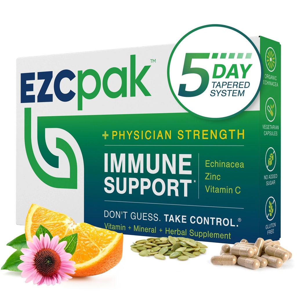 EZC Pak 5-Day Tapered Immune Support Booster - Vitamín Immune Suplement, Echinacea, Zinok Vitamín C, Vitamíny pre imunitný systém Podpora, Immune Boosters pre dospelých - Imunitná podpora Vitamíny