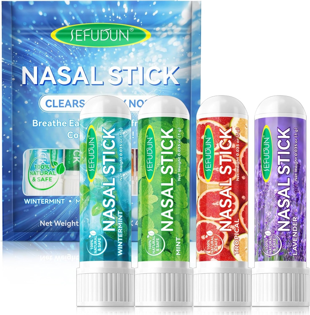 4PCS nosová tyčinka, inhalačná tyčinka, inhalátor nosová tyčinka na úľavu od sínusu a vertigo, aromaterapia inhalátor vyrobený s esenciálnymi olejmi+mentol (Mint, Wintermint, Tropical,Lavender)