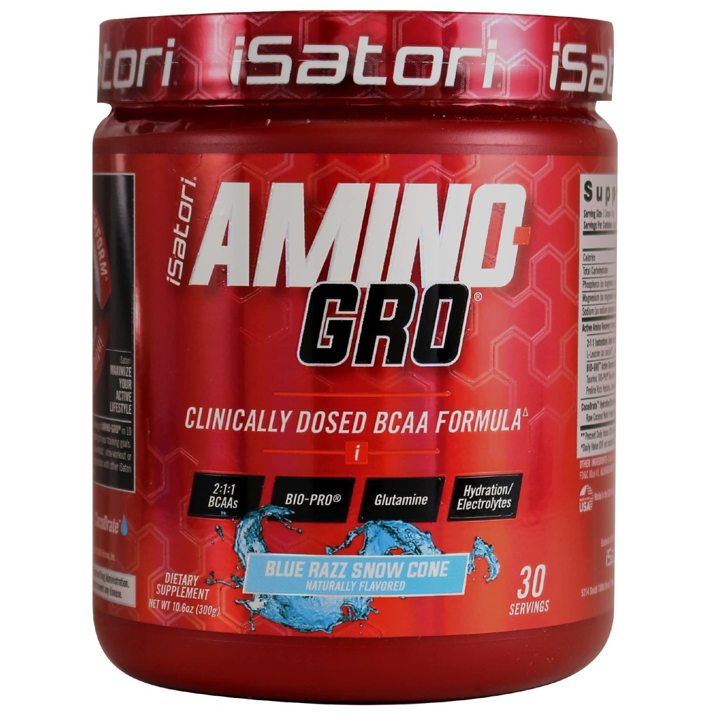 iSatori Amino-GRO BCAA prášok, rozvetvený reťazec Aminokyseliny s glutamínom, Electrolyte Powder & Bio-GRO Bio-Active Peptidy pre rast svalov a zotavenie po tréningu, Blue Razz Snow Cone (30 podáva)