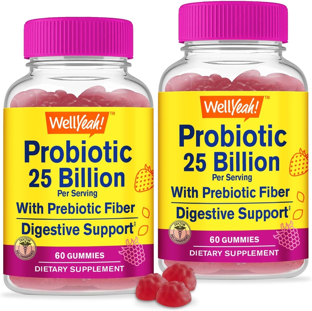 WellYeah (2 balenia 25 miliárd probiotík + prebiotiká pre mužov a ženy Gummy - Podpora trávenia, zdravie Gut, imunitná podpora Gummy - probiotiká pre trávenie zdravia s 12 kmeňmi - 60 Gumímies