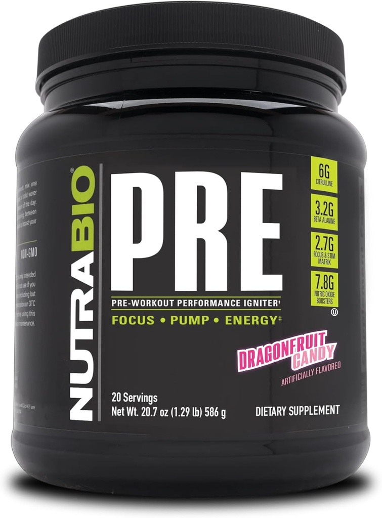 NutraBio PRE Cvičenie Powder - Stará formula- Trvalá energia, Mental Focus, Vytrvalosť - Beta Altanine, Kofeín, Elektrolyty - 20 Servírovanie - Dragonfruit Candy