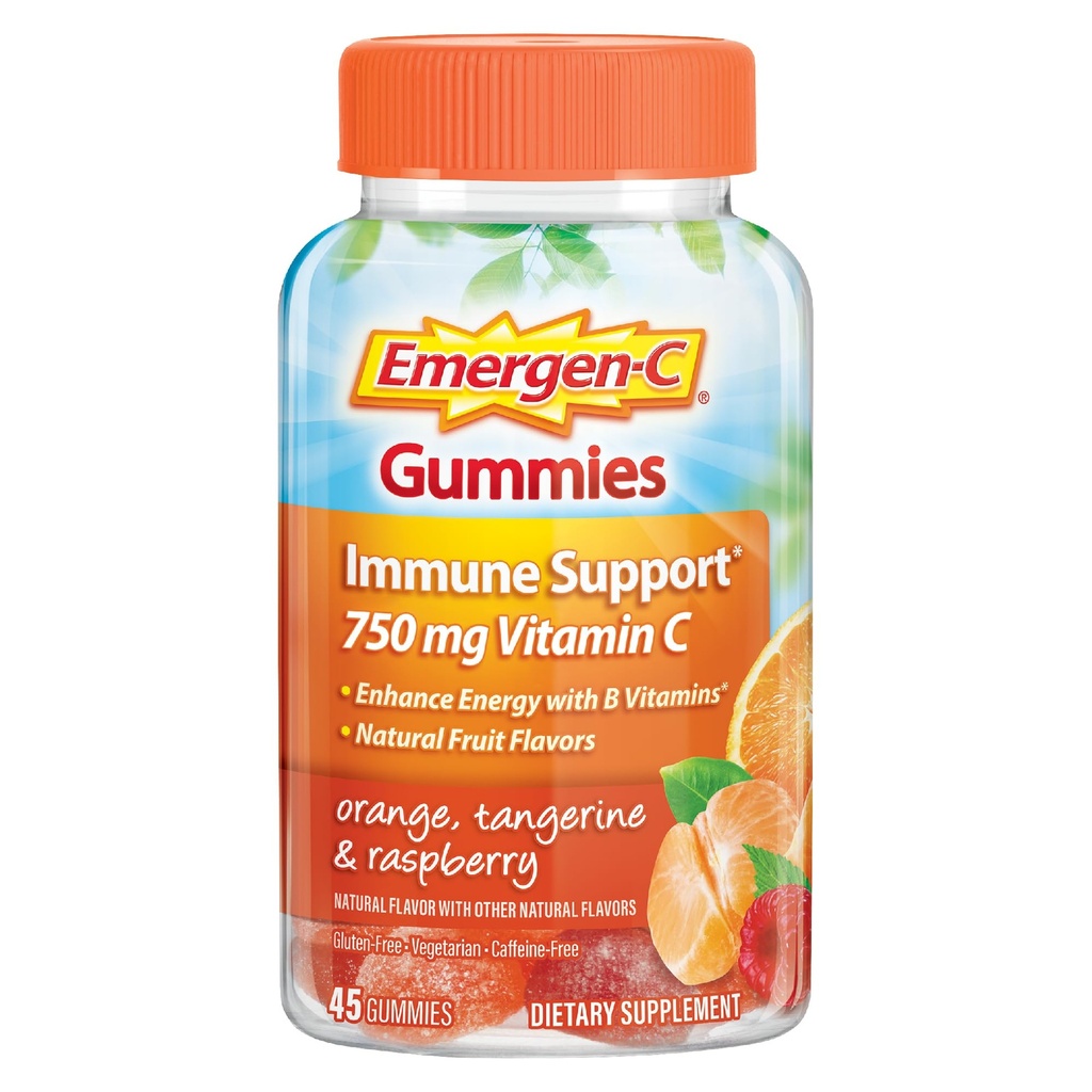 Emergen-C 750mg vitamín C Gummy pre dospelých, Imunita Gummy s B Vitamíny, bez lepidla, Orange, Tangerine a malinová chuť, Späť do školy Essentials - 45 Počet