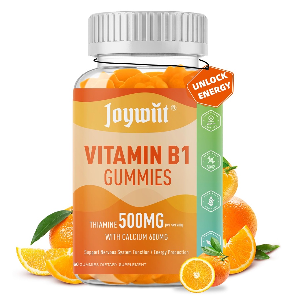 Vitamín B1 Gummies 500mg, Žuvateľný tiamín B1 doplnok pre dospelých, s 600mg kalcium citrát, Podpora Nervový systém, Vegan, Prírodná Orange chuť
