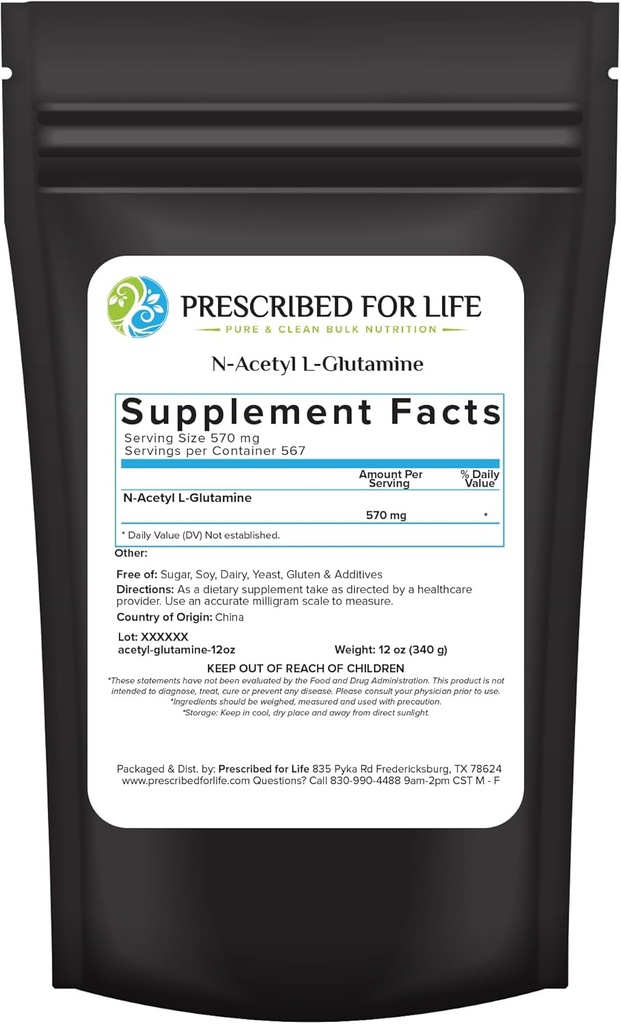 Prášok na glutamín na predpis na celý život N Acetyl L, Pure L Glutamine Amino Acids Supplement (12oz / 340g)