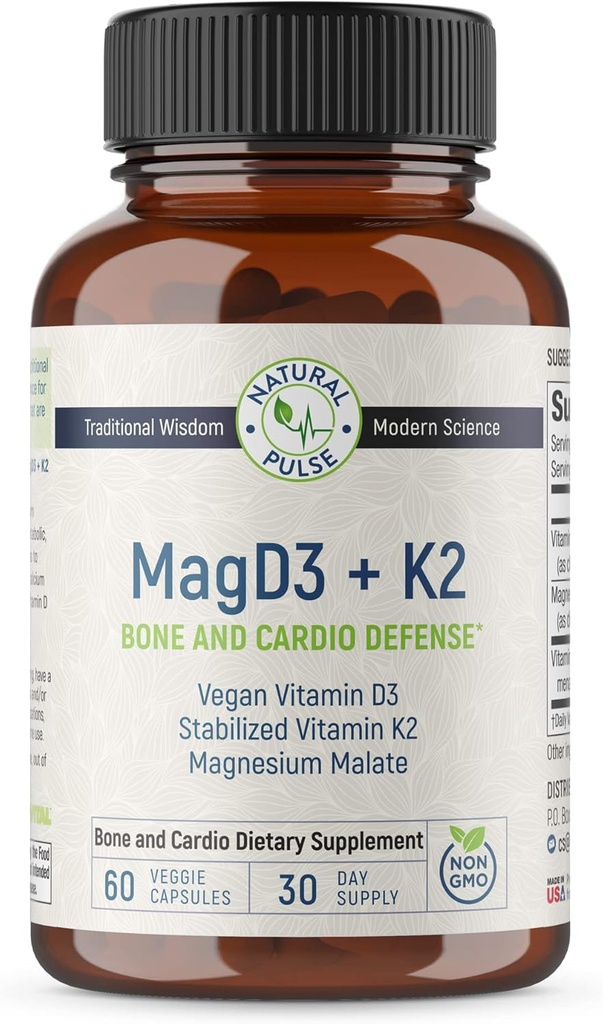 Malát horečnatý + vegánsky vitamín D3 + stabilizovaný vitamín K2, kompletný doplnok podpory pre bunkovú energiu, kardiovaskulárne, imunitné a metabolické zdravie a kostnú silu, 90 Veggie Caps