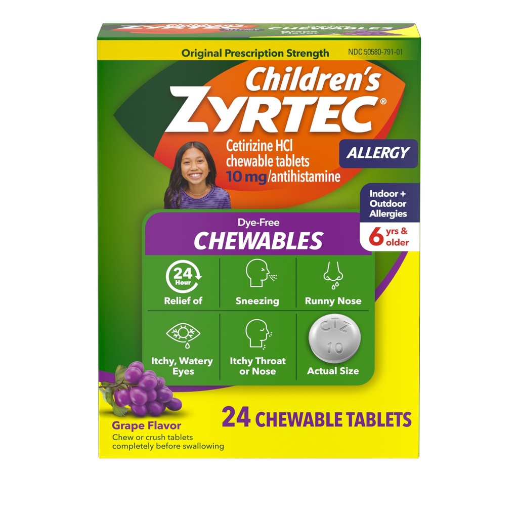 Zyrtec Detské bezfarbené žuvačky na 24 hodín Alergy Relief, 10 mg Cetirizín Hydrochlorid Antihistaminiká Tablety, Deti Alergy Medicine Reliéves Stihnutie a svrbenie Hrdlo, Hrozno, 24 ot
