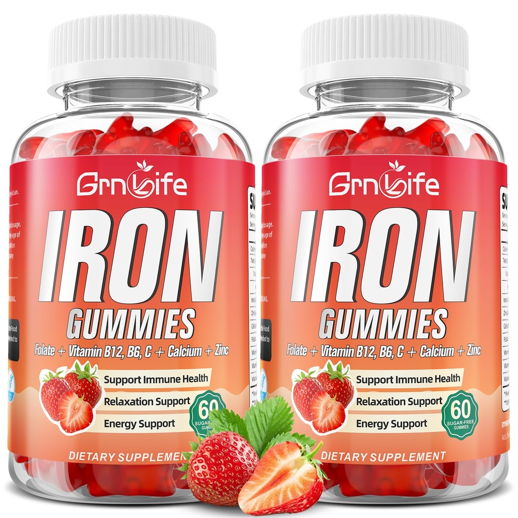 Železo Gummy pre ženy, mužov a deti, Sugar Free Iron Supplement s vápnikom, zinkom, folátom a vitamínom B12, C, B6 - pre budovanie krvi a podporu energie, anémia, jahod, 120 gróf