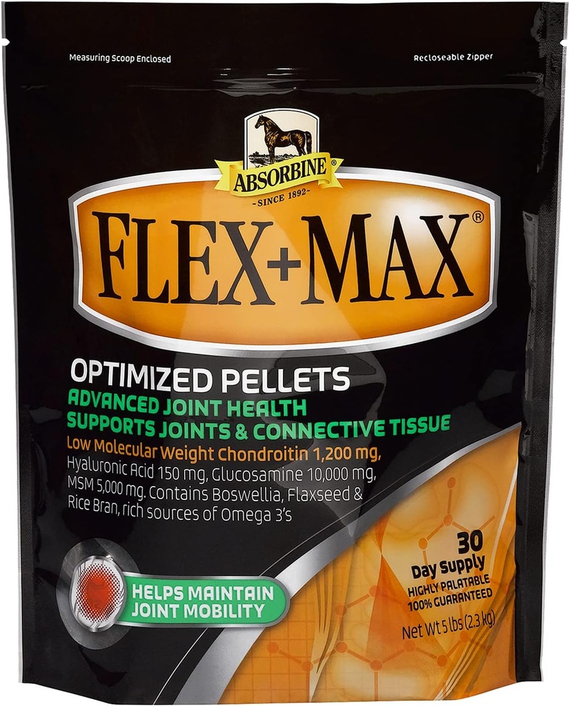 Absorbine Flex+Max Horse Joint Supplement Pellets, Highly Palatable, Complex Equine Formula s glukozamínom, MSM, Chondroitín a ľanové semeno, 5lb Vrece / 30 Day Supply