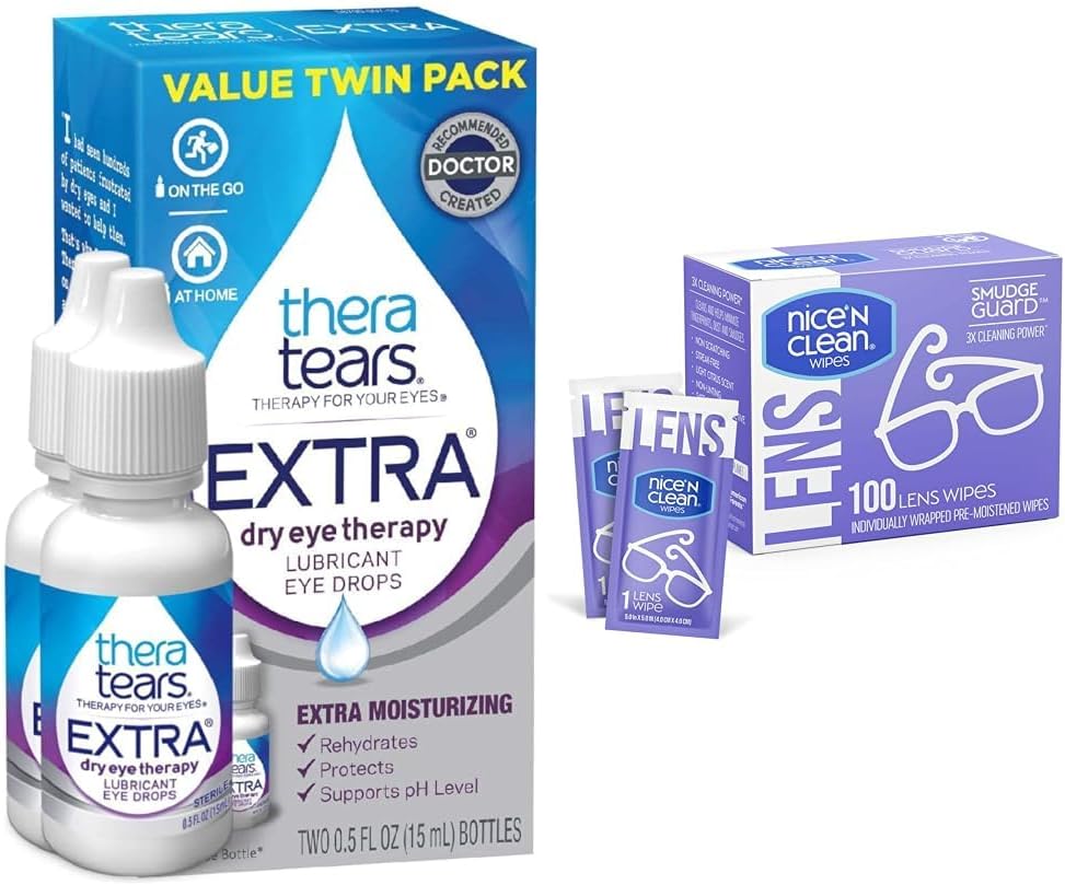 TheraTears Extra suché očné kvapky, 2 gróf & pekný 'n čisté 100 SmudgeGuard Lens Wipes Bundle