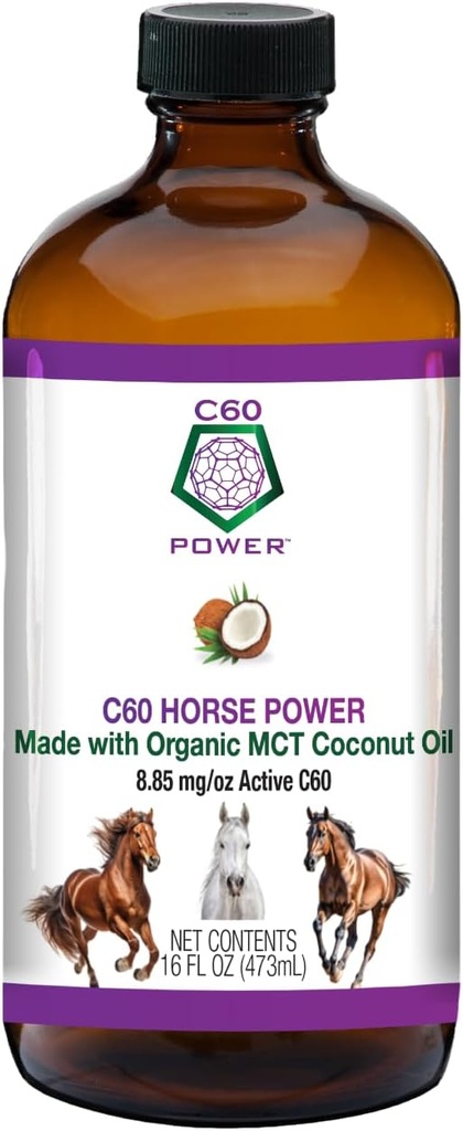 C60 Konská sila - C60 v organickom MCT kokosovom oleji, prírodná wellness podpora pre kone, 99,99% čistý uhlík Fullerény, podporuje zdravé starnutie, energia, & Mobilita - 16 fl oz fľaša