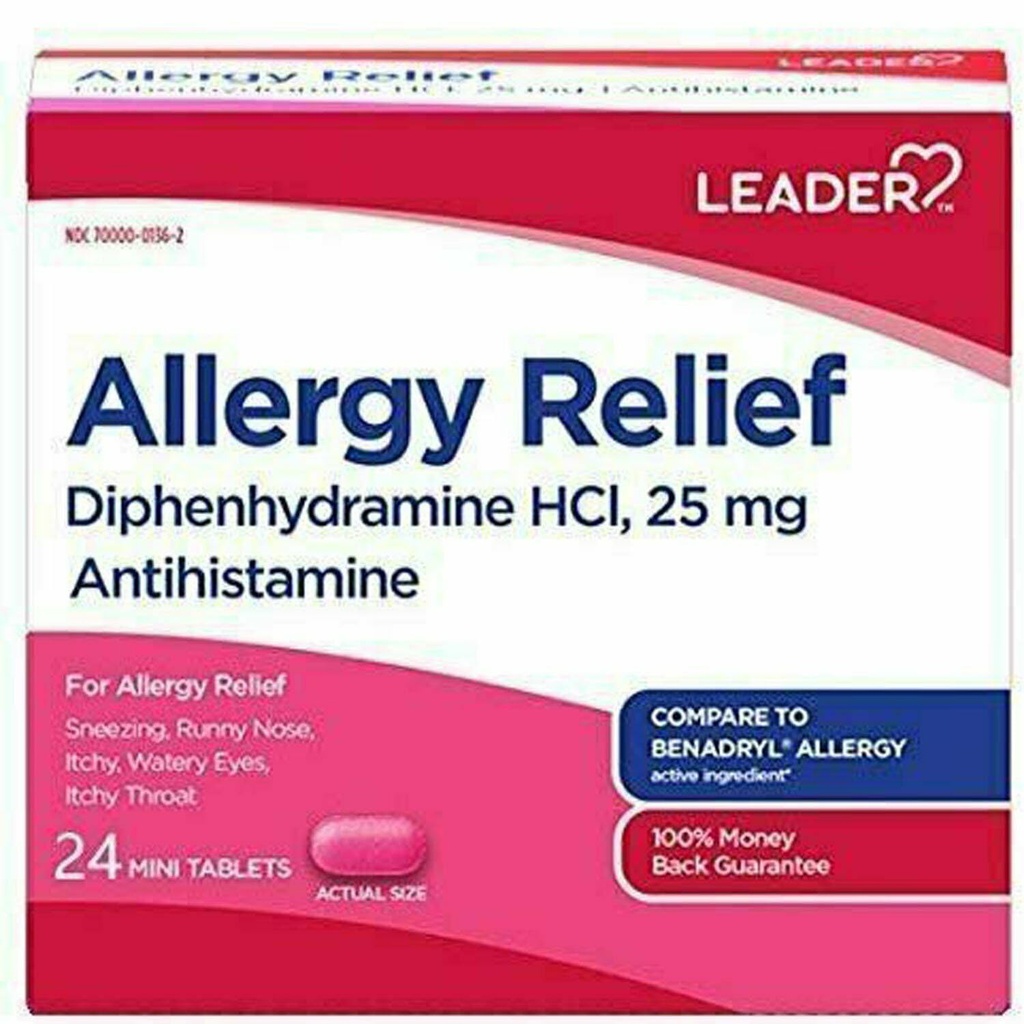 Leader Antihistamine Allergy Relief Diphenhydramine HCl, 25mg Mini Tablets, 24 Count