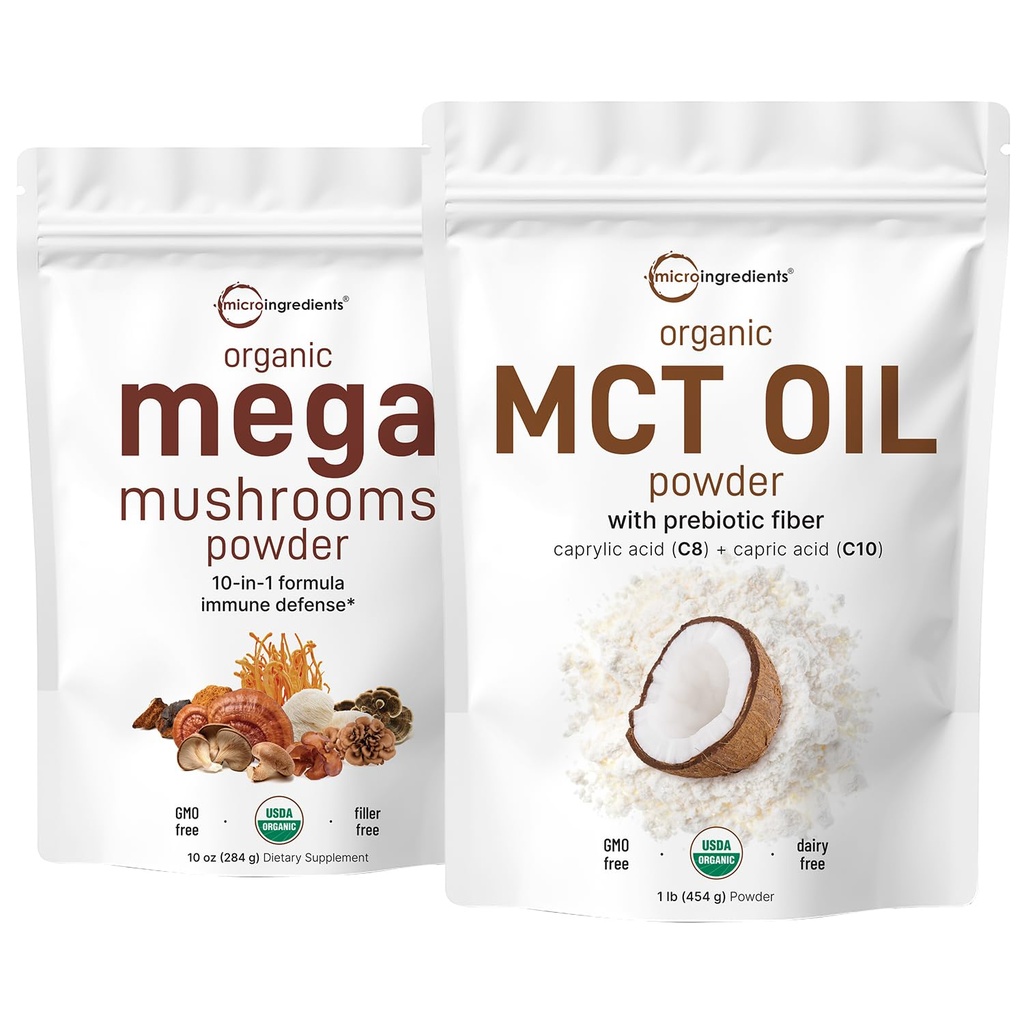 Micro Ingrediencie Organické Mega Huba Powder 10oz & Organic MCT Oil Powder 1lb Bundle 2 Pack 10 in 1 Mushroom Complex C8 MCT Olej, rastlinný krém