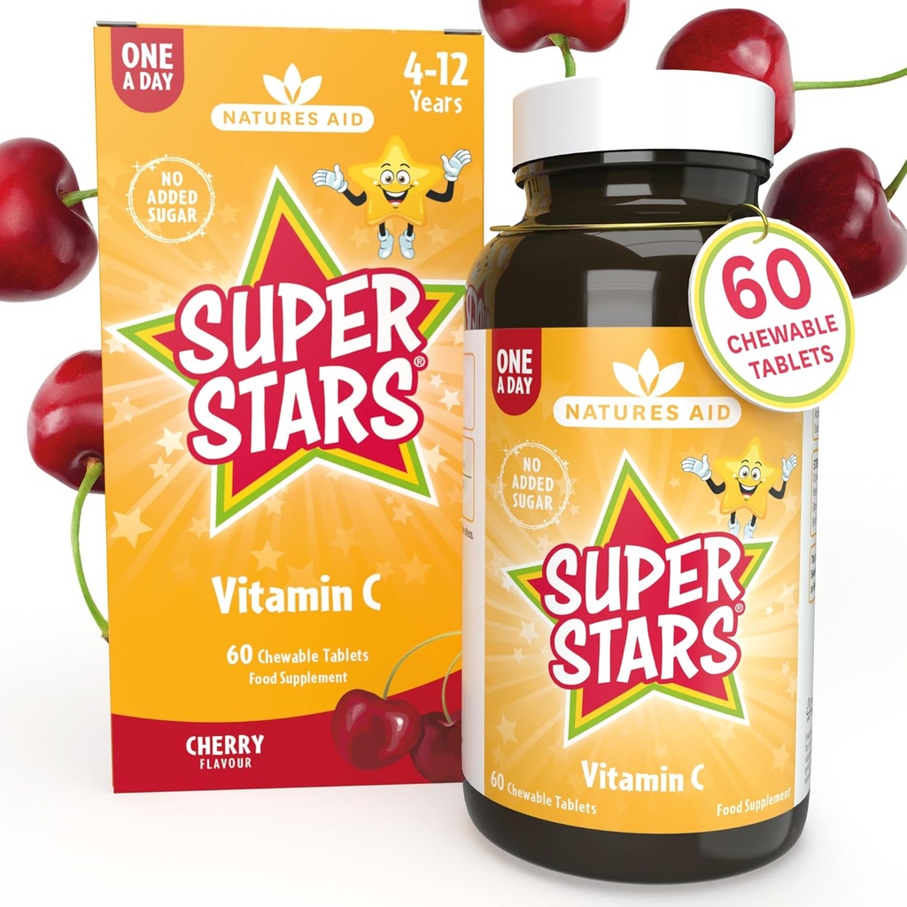 Hemir Natures Aid Super Stars Vitamín C pre deti 4-12 Roky, 60 Žuvacie tablety