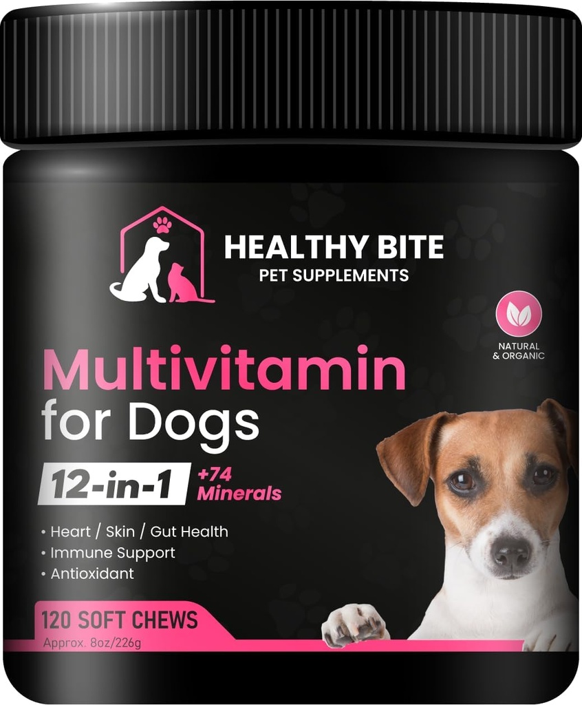 Zdravé občerstvenie 12 v 1 Multivitamín pre psy - Skin and Coat Supplement, Immune Support, Pet Vitamíny, Vápnik pre psy Vyrobené v USA - 120 Počet