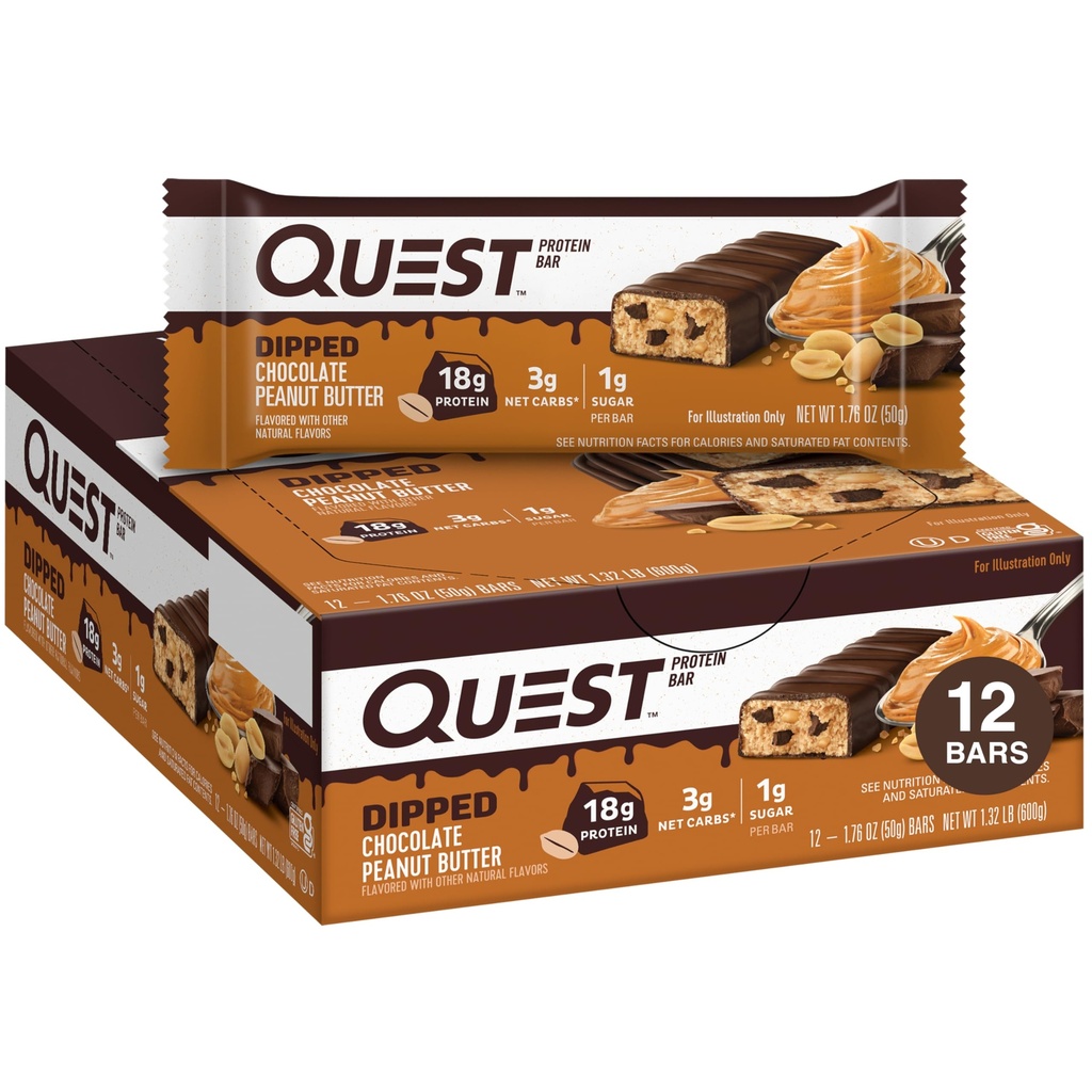 Quest Nutrition Dipped Chocolate Butter Protein Bars, 18g Protein, 1g Cukor, 3g Net Carbs, Gluten Free, 12 Count