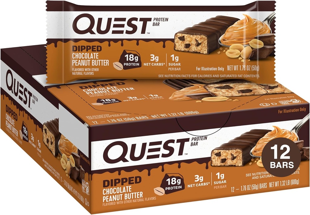 Quest Nutrition Dipped Chocolate Butter Protein Bars, 18g Protein, 1g Cukor, 3g Net Carbs, Gluten Free, 12 Count