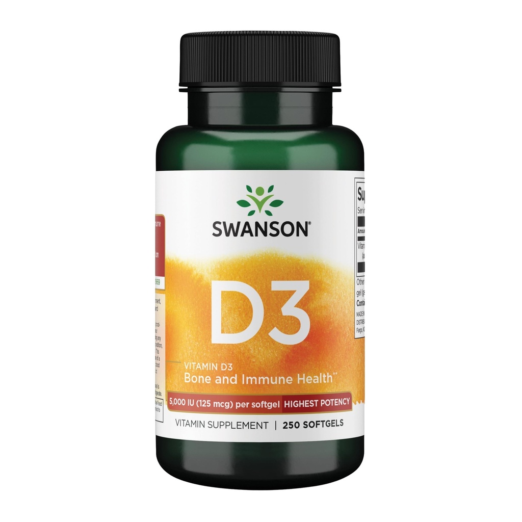 Swanson Vitamín D-3 5000 IU Bone Health Immune Support Zdravá svalová funkcia D3 Supplement (cholekalciferol) 125 μg 250 Softgels Count