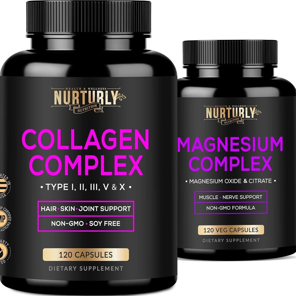 Magnesium Citrate & Oxide 500mg Complex Supplement and Multi Collagen Peptides Powder Capsules - High Absorption Maximum Strength - Hydrolyzed Collagen Peptides