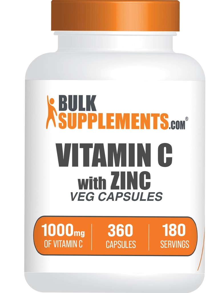 BulkSupplementments.com Vitamín C s zinkovými kapsulami - vitamín C 1000 mg & Zinok 15 mg, pre Immune Support - Vegan, 2 kapsuly na obsluhu, 360 Veg Count (Pack of 1)