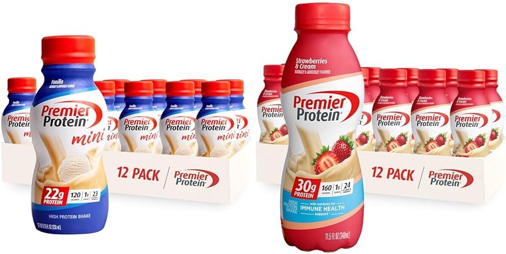 Premier Protein Shake MINIs Vanilla 22g Protein 120 Kalórie Balenie 12 a Jahody Premier Protein Shake 30g Protein 160 Kalórie Balenie 12