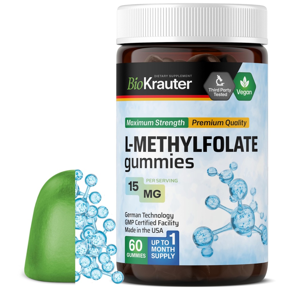 BIO KRAUTER L Methylfolate Gummies - 25 mg DFE - 60 Vegan Chews - MTHF Supplement - Folate Supplement - Follic Acid Gummies (vitamin B9) - Želatína-Free Formula