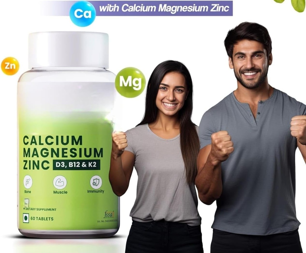 Vápnik, horčík, zinok s vitamínom D3 & B12, 1000mg I 60 Veg Tablety 