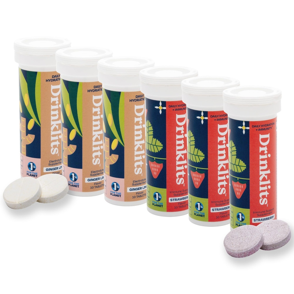 Drinklits Ginger-Lime Electrolyte Hydratácia & Strawberry Imunity Tablety (6) Tube Combo Pack 