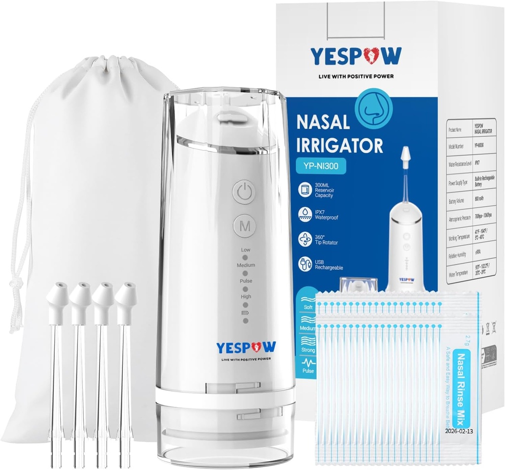 Systém zavlažovania nosa - YESPOW Electric Neti Nosový čistič - Sinus Rinse Machine so 4 režimami pre umývanie nosa - zavlažovanie nosa so 40 paketami Saline pre Sinus Flush a Relief