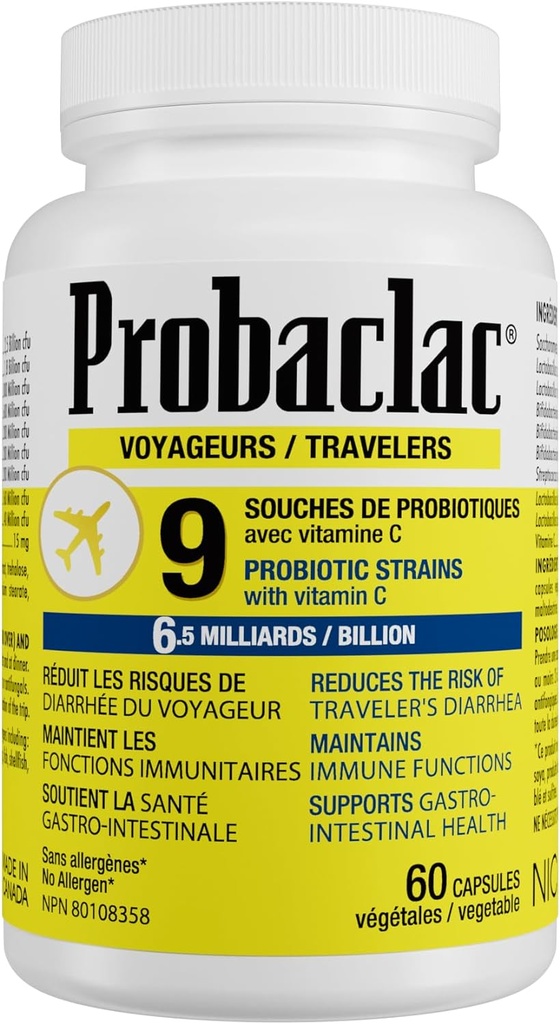 Prírodné cestovatelia probiotiká, zníženie rizika hnačky, obsahuje vitamín C, Imunitná podpora, lepidlo zadarmo, cestovanie veľkosť, Dovolenka, Plavba a lietadlo Cestovanie Essentials, Vegan, 60 Kapsule