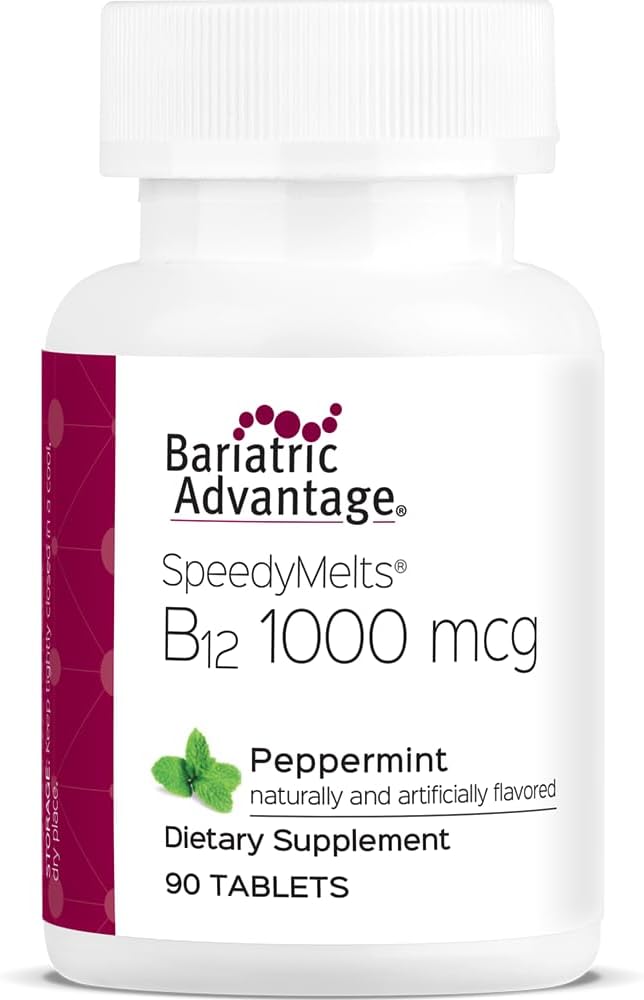 Bariatrická výhoda B-12 Speedy Melts, Vitamín B12 1000 mcg Supplement, Rýchle topenie s 200 μg kyseliny listovej na podporu výživy - Peppermint, 90 Počet